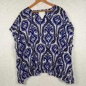 Chico's linen Blue White Ikat Damask Print V-Neck Poncho Top with Back Cut-Out
